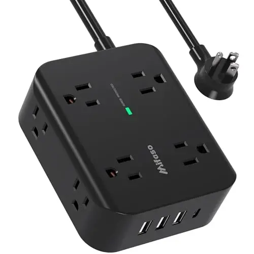 15FT Elektr ta'minoti himoyachisi - 8 rozetka va 4 USB port, og'ir yuk ko'taruvchi o'ralgan uzatma kabeli, tekis vilka, 15A kontaktor, ortiqcha yukdan himoya qilish zaryadlash stantsiyasi 