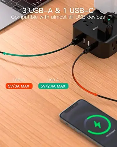 15FT Elektr ta'minoti himoyachisi - 8 rozetka va 4 USB port, og'ir yuk ko'taruvchi o'ralgan uzatma kabeli, tekis vilka, 15A kontaktor, ortiqcha yukdan himoya qilish zaryadlash stantsiyasi - 3