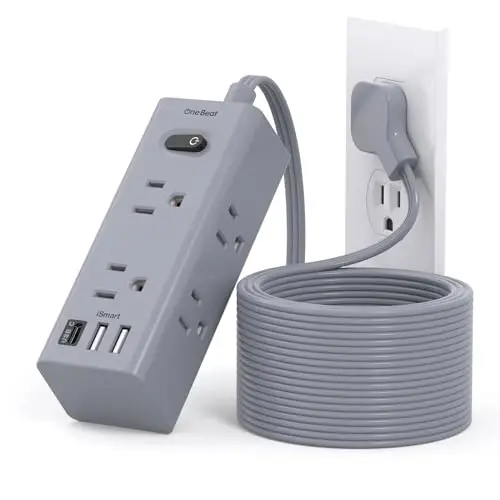 15Ft Extension Cord with Multiple Outlets, Flat Plug Power Strip Surge Protector with 15 Ft Long Cord, 6 Outlet 3 USB Ports (1 USB C), Multi Outlet Wall Plug for Travel, College, Dorm Essentials-Grey - 1