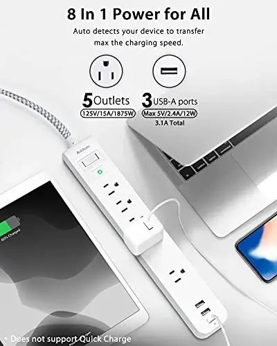 15FT Long Cord Power Strip - Extension Cord Surge Protector, 5 Widely AC Outlets 3 USB Ports, Wall Mount, Flat Plug with Overload Surge Protection for Home, Office, Dorm Room Essentials (2 Pack) - 2