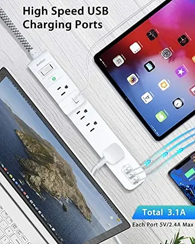15FT Long Cord Power Strip - Extension Cord Surge Protector, 5 Widely AC Outlets 3 USB Ports, Wall Mount, Flat Plug with Overload Surge Protection for Home, Office, Dorm Room Essentials (2 Pack) - 4