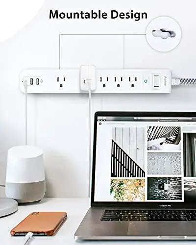 15FT Long Cord Power Strip - Extension Cord Surge Protector, 5 Widely AC Outlets 3 USB Ports, Wall Mount, Flat Plug with Overload Surge Protection for Home, Office, Dorm Room Essentials (2 Pack) - 5