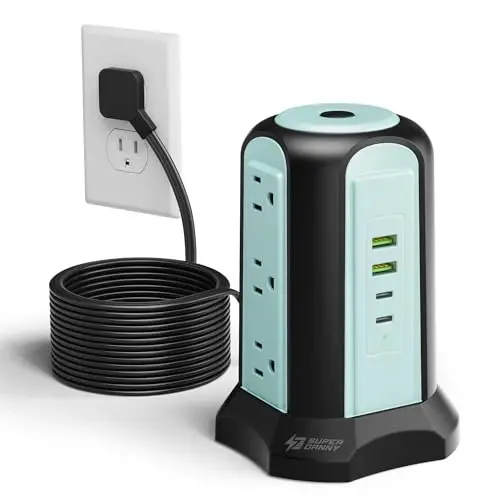 15Ft Long Extension Cord Power Strip Tower Surge Protector, Desktop Charging Station with Multiple Outlets, 9 Outlets, 4 USB (2 USB-C), 1080J Multiple Protections Outlet Extender for Home Office Blue - 1