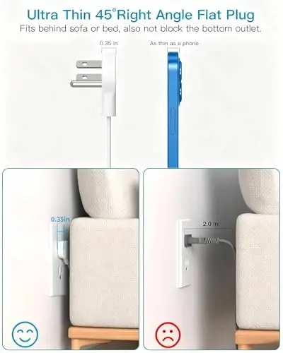 15Ft Long Extension Cord with Ultra-Thin Flat Plug, 8 Widely Spaced Outlets | 4 USB Ports (2 USB C), 1080J Surge Protected Power Strip for Home Office, College Dorm Room Essentials, Wall Mount - HANYCONY (1)
