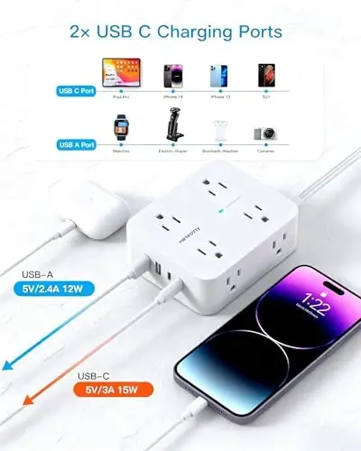 15Ft Long Extension Cord with Ultra-Thin Flat Plug, 8 Widely Spaced Outlets | 4 USB Ports (2 USB C), 1080J Surge Protected Power Strip for Home Office, College Dorm Room Essentials, Wall Mount - 3