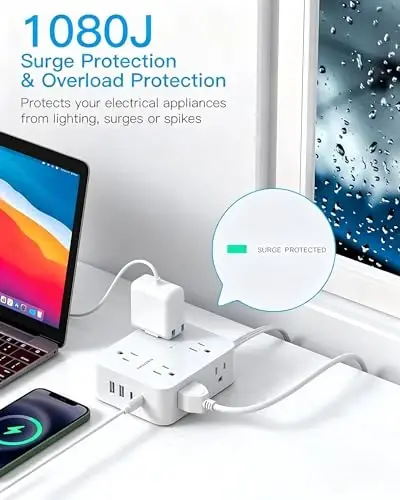 15Ft Long Extension Cord with Ultra-Thin Flat Plug, 8 Widely Spaced Outlets | 4 USB Ports (2 USB C), 1080J Surge Protected Power Strip for Home Office, College Dorm Room Essentials, Wall Mount - 5