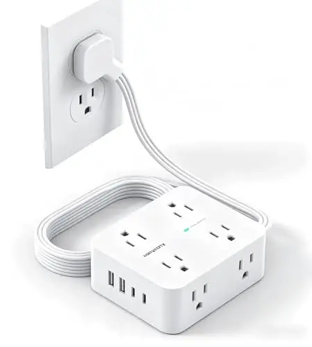 15Ft Long Extension Cord with Ultra-Thin Flat Plug, 8 Widely Spaced Outlets | 4 USB Ports (2 USB C), 1080J Surge Protected Power Strip for Home Office, College Dorm Room Essentials, Wall Mount - 6