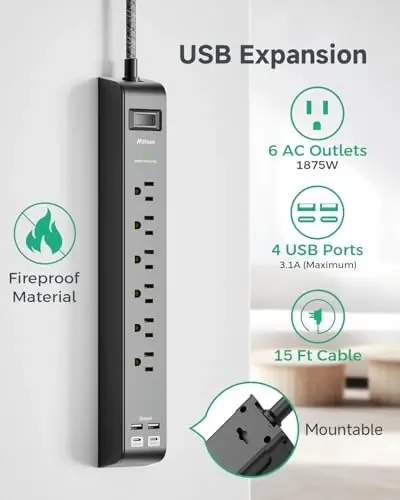 15FT Power Strip Surge Protector - 2 Pack Extension Cord with 6 Outlets 4 USB Ports, Flat Plug, 900 Joules, 15A Circuit Breaker, Wall Mount for Home Office Dorm - 2