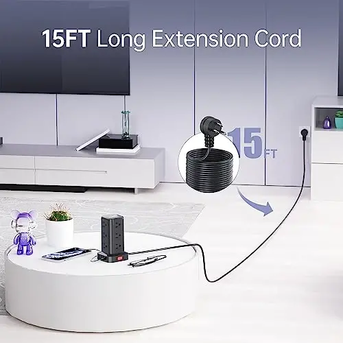 15FT USB C Power Strip Surge Protector Tower, Mini Power Strip Tower Travel 12 AC 4 USB Power Strip with USB Ports, Overload Protection for Home Office - SMALLRT (1)
