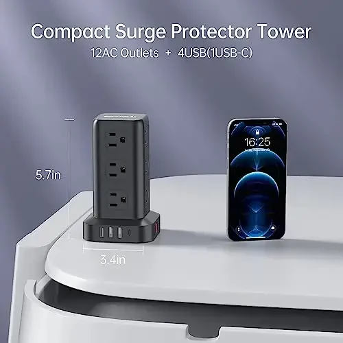 15FT USB C Power Strip Surge Protector Tower, Mini Power Strip Tower Travel 12 AC 4 USB Power Strip with USB Ports, Overload Protection for Home Office - 6