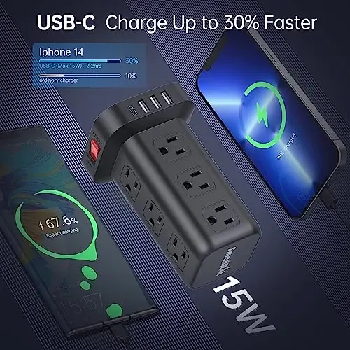 15FT USB C quvvat tarqatuvchi Surge Protector Tower, Mini quvvat tarqatuvchi Tower Travel 12 AC 4 USB quvvat tarqatuvchi USB portlari bilan, uy ofisi uchun ortiqcha yuk himoyasi - 4
