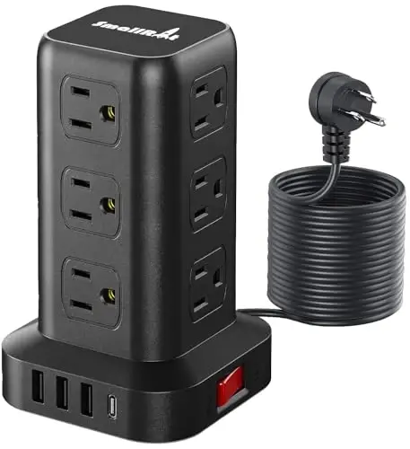 15FT USB C quvvat tarqatuvchi Surge Protector Tower, Mini quvvat tarqatuvchi Tower Travel 12 AC 4 USB quvvat tarqatuvchi USB portlari bilan, uy ofisi uchun ortiqcha yuk himoyasi - 1