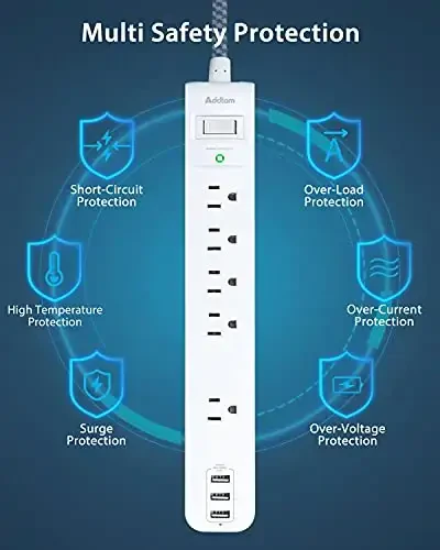 15FT Long Cord Power Strip - Extension Cord Surge Protector, 5 Widely AC Outlets 3 USB Ports, Wall Mount, Flat Plug with Overload Surge Protection for Home, Office, Dorm Room Essentials (2 Pack) - 7
