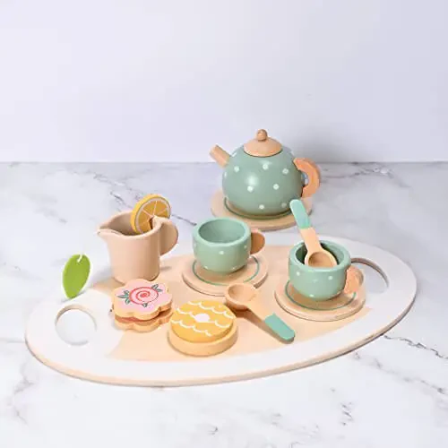 15pcs Wooden Tea Set for Little Girls, MONT PLEASANT Wooden Toys, Toddler Tea Set Play Kitchen Accessories Play Food playset for Kids Tea Party - 27
