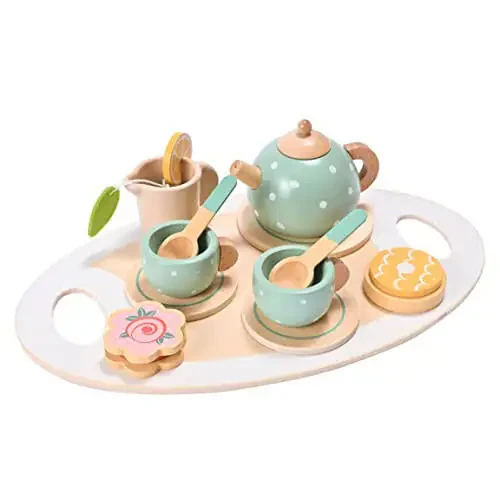 15pcs Wooden Tea Set for Little Girls, MONT PLEASANT Wooden Toys, Toddler Tea Set Play Kitchen Accessories Play Food playset for Kids Tea Party - 7