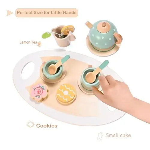 15pcs Wooden Tea Set for Little Girls, MONT PLEASANT Wooden Toys, Toddler Tea Set Play Kitchen Accessories Play Food playset for Kids Tea Party - 2