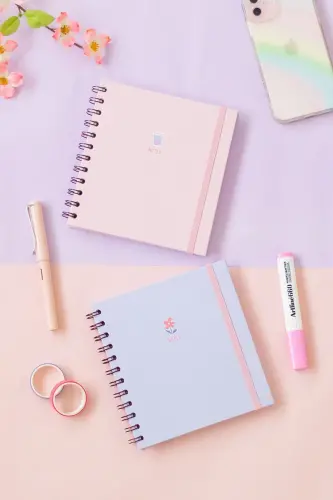 15x15 Cm Square 2-Piece Set Spiral Grid Undated Notebook Bubble Tea Flower-Lilac 