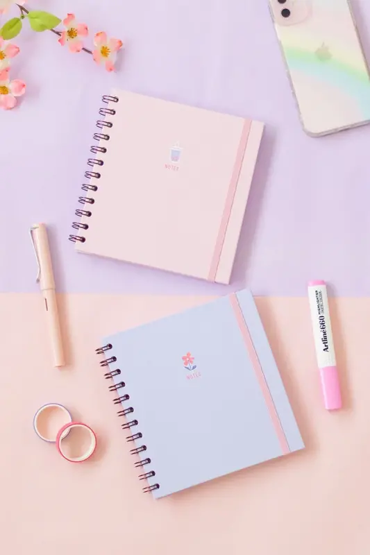 15x15 Cm Square 2-Piece Set Spiral Grid Undated Notebook Bubble Tea Flower-Lilac - MATT NOTEBOOK