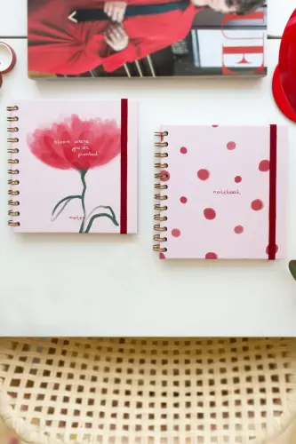 15x15 cm. Square 2-Set Spiral Lined Undated Notebook Floral Polka Dot-Pink 