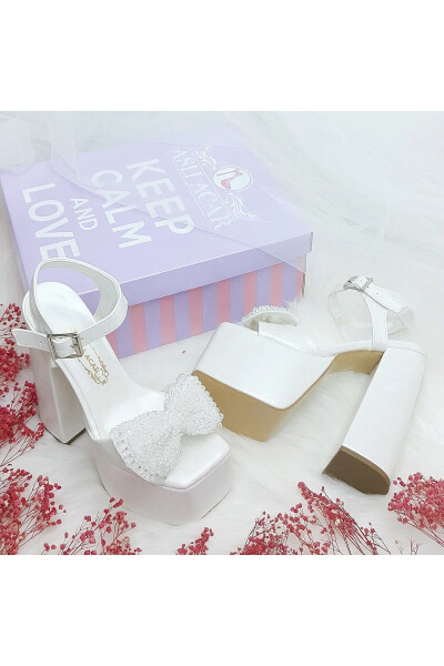 16 Cm Platform Heeled Pearl Bow Detailed Bridal Shoe - 8