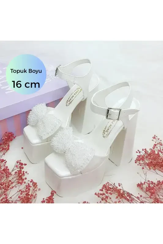 16 Cm Platform Heeled Pearl Bow Detailed Bridal Shoe - ASLIACAR