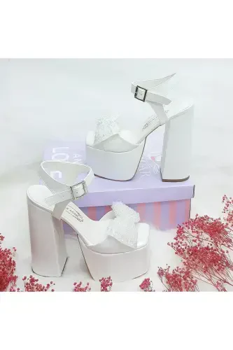 16 Cm Platform Heeled Pearl Bow Detailed Bridal Shoe - 5