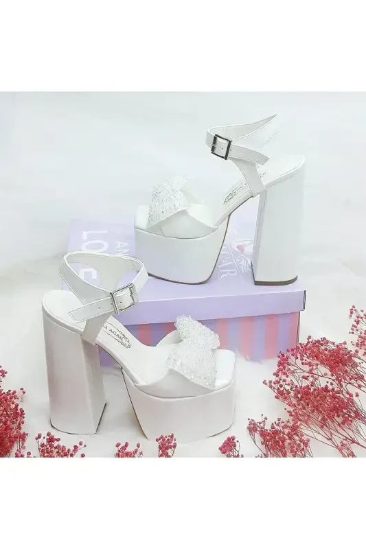 16 Cm Platform Heeled Pearl Bow Detailed Bridal Shoe - 5