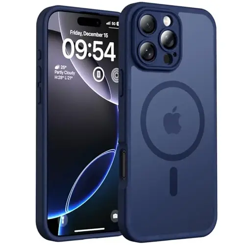 16 Pro Max için TOCOL Manyetik Telefon Kılıfı, Geliştirilmiş Tam Kamera Koruması, Magsafe ile Uyumlu, 5 Metre Düşme Koruması, 6,9 inç için Yarı Saydam Mat Arka Tampon Kapağı (Koyu Mavi) 