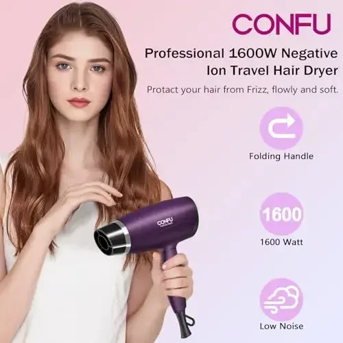 1600W Compact Small Hair Dryer Lightweight, CONFU Portable Quiet Blow Dryers with Folding Handle Ceramic Tourmaline Hair Dryer for Travel, Diffuser HairDryer, Purple - CONFU (1)
