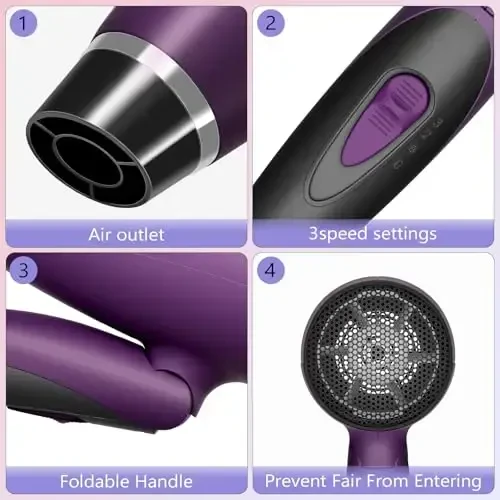 CONFU 1600W Small Portable Travel Hair Dryer with Folding Handle, Lightweight Hair Dryers for Women, Compact Hair Dryers with Nozzle, Mini Blow Dryer, Purple - 3