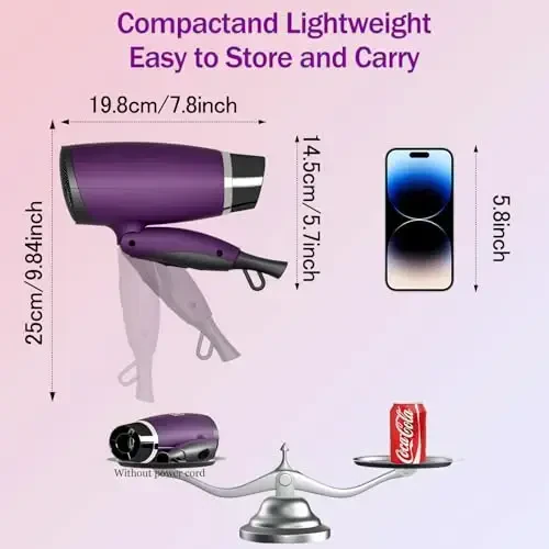 CONFU 1600W Small Portable Travel Hair Dryer with Folding Handle, Lightweight Hair Dryers for Women, Compact Hair Dryers with Nozzle, Mini Blow Dryer, Purple - 6