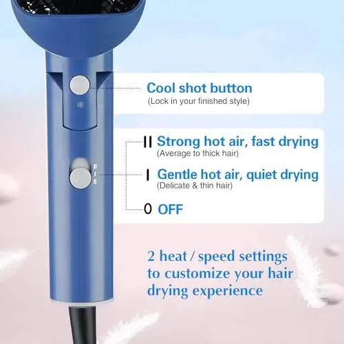 1600W Small Foldable Travel Hair Dryer, Blue | Fast Drying Compact Blow Dryer with Concentrator and Cool Shot - 3