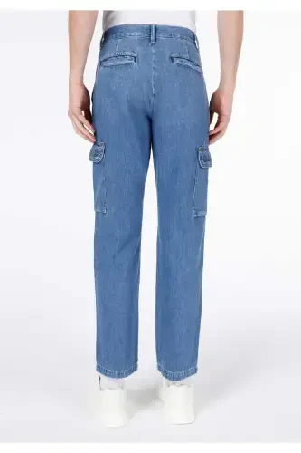 Cargo Fit Orta Bel Düz Paça Kargo Cep Erkek İndigo Jean Pantolon - 2