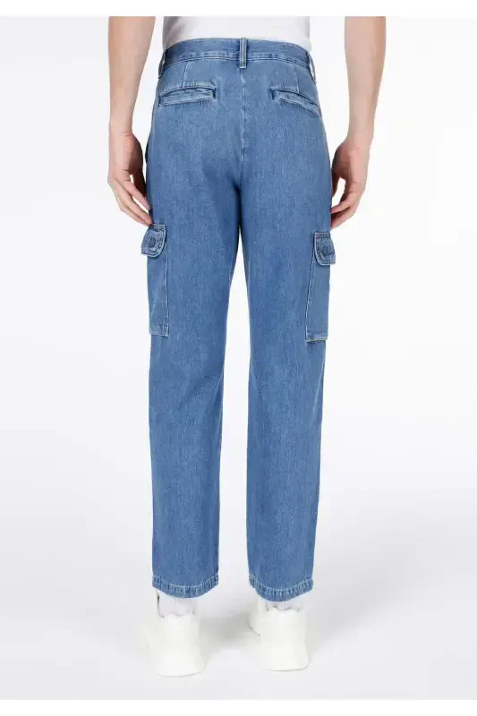 Cargo Fit Orta Bel Düz Paça Kargo Cep Erkek İndigo Jean Pantolon - 2