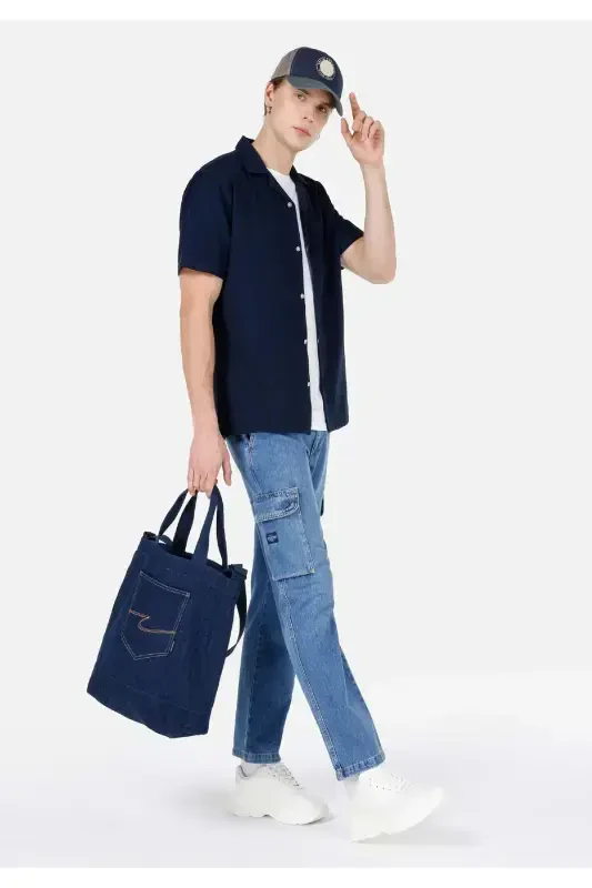 Cargo Fit Orta Bel Düz Paça Kargo Cep Erkek İndigo Jean Pantolon - 3