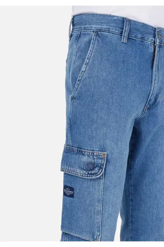 Cargo Fit Orta Bel Düz Paça Kargo Cep Erkek İndigo Jean Pantolon - 5