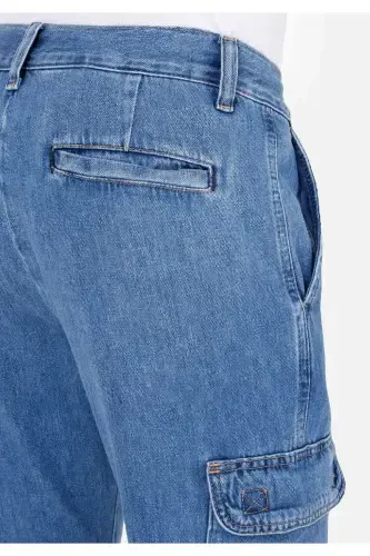 Cargo Fit Orta Bel Düz Paça Kargo Cep Erkek İndigo Jean Pantolon - 6