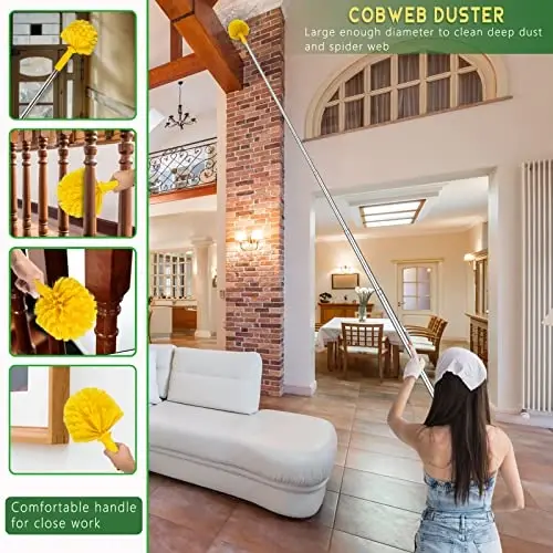17 Foot High Reach Duster Kit with 2-to-9 Foot Extension Pole, Newliton 3-in-1 High Ceiling Chenille Duster, Microfiber Duster, Cobweb Duster, Indoor & Outdoor Extendable Bendable Duster Cleaning Set - 3