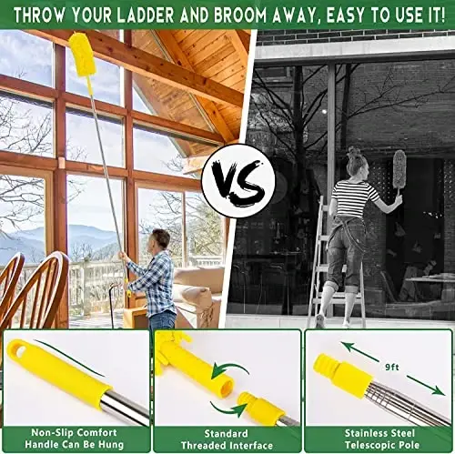 17 Foot High Reach Duster Kit with 2-to-9 Foot Extension Pole, Newliton 3-in-1 High Ceiling Chenille Duster, Microfiber Duster, Cobweb Duster, Indoor & Outdoor Extendable Bendable Duster Cleaning Set - 5