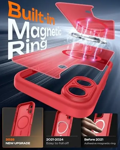 TOCOL for 17 Case, Full Camera Protection, Built-in Magnetic Ring, Compatible with Magsafe Charger, Drop Protection, Translucent Matte Phone Case for Phone 17 6.3 inch (Red) - 3