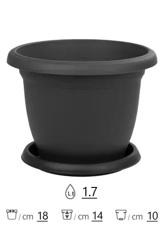 1.7 Litre Antrasit Gri Tabaklı Mat Plastik Küçük Boy Yuvarlak Saksı Villa No3 Ø18x13,2cm-1,7L - 2