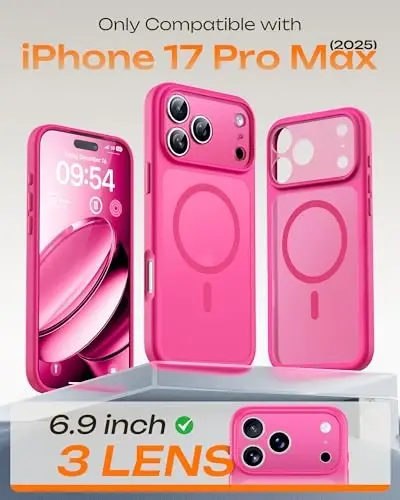 TOCOL for 17 Pro Max Case, Full Camera Protection, Built-in Magnetic Ring, Compatible with Magsafe Charger, Translucent Matte Phone Case for17 ProMax 6.9 inch (Hot Pink) - TOCOL (1)