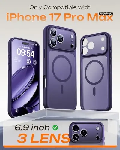 TOCOL for 17 ProMax Case, Full Camera Protection, Built-in Magnetic Ring, Compatible with Magsafe, Translucent Matte Phone Case for 17 ProMax 6.9 inch (Midnight Purple) - TOCOL (1)