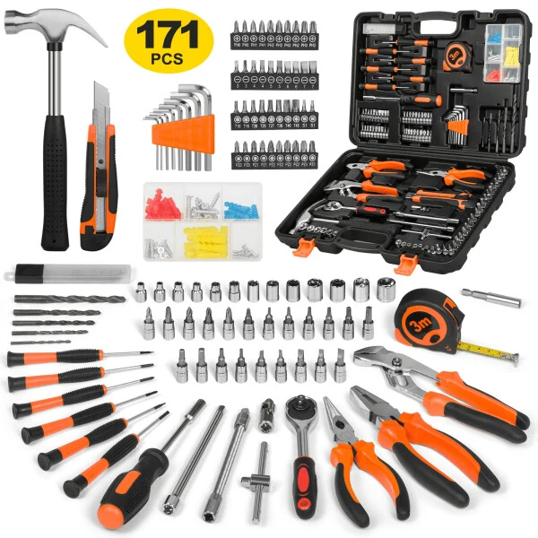 171 Piece Household Tool Kit/Mechanics Tool Set, Socket Wrench Auto Repair Tool Combination Package 1/4