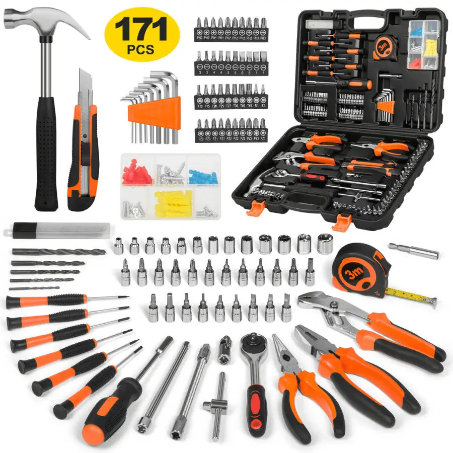 171 Piece Household Tool Kit/Mechanics Tool Set, Socket Wrench Auto Repair Tool Combination Package 1/4