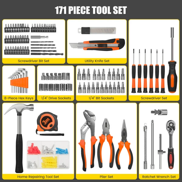 171 Piece Household Tool Kit/Mechanics Tool Set, Socket Wrench Auto Repair Tool Combination Package 1/4