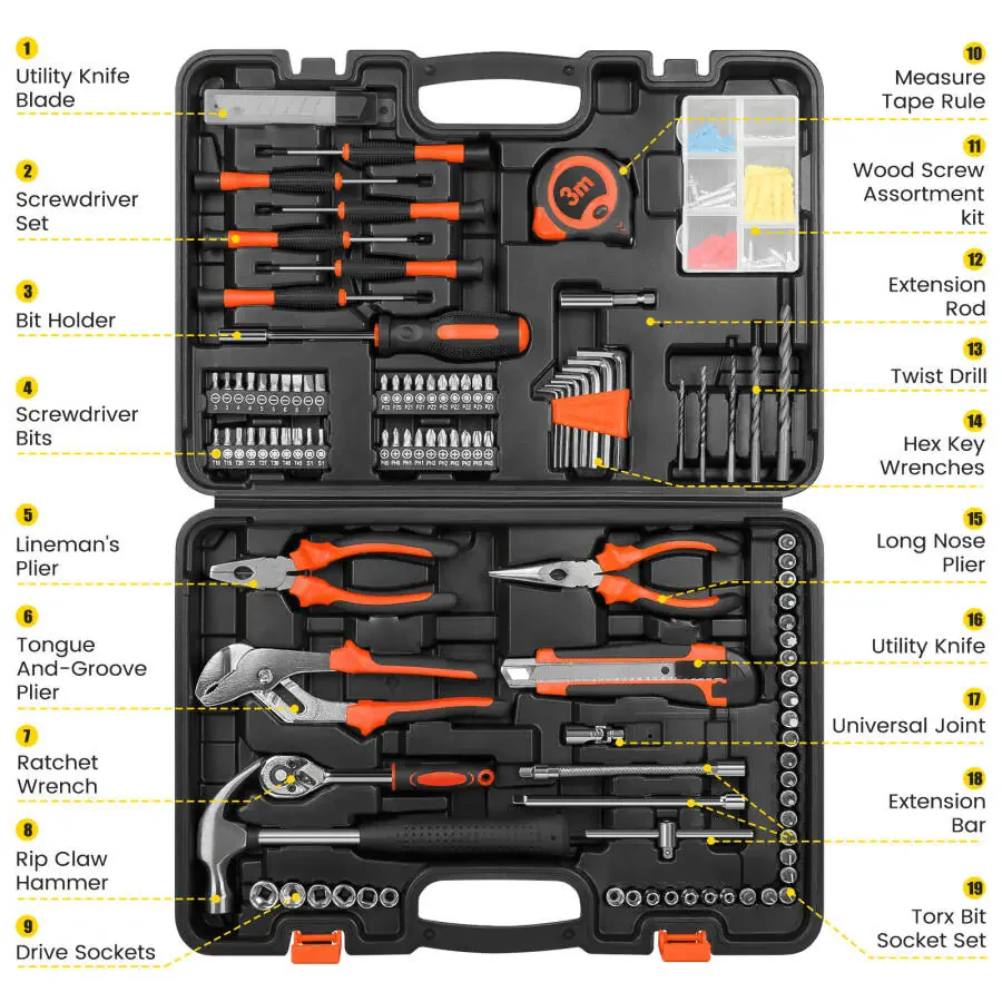 171 Piece Household Tool Kit/Mechanics Tool Set, Socket Wrench Auto Repair Tool Combination Package 1/4