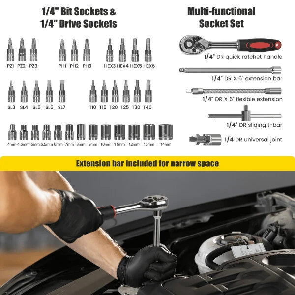 171 Piece Household Tool Kit/Mechanics Tool Set, Socket Wrench Auto Repair Tool Combination Package 1/4