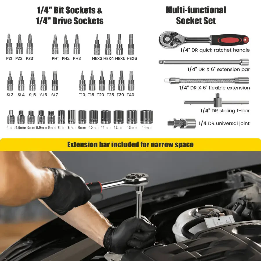 171 Piece Household Tool Kit/Mechanics Tool Set, Socket Wrench Auto Repair Tool Combination Package 1/4