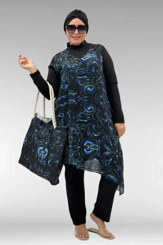 1723 Büyük Beden Uzunkol Şifon Pareolu Tesettür Mayo - Aqua Mavi - 1